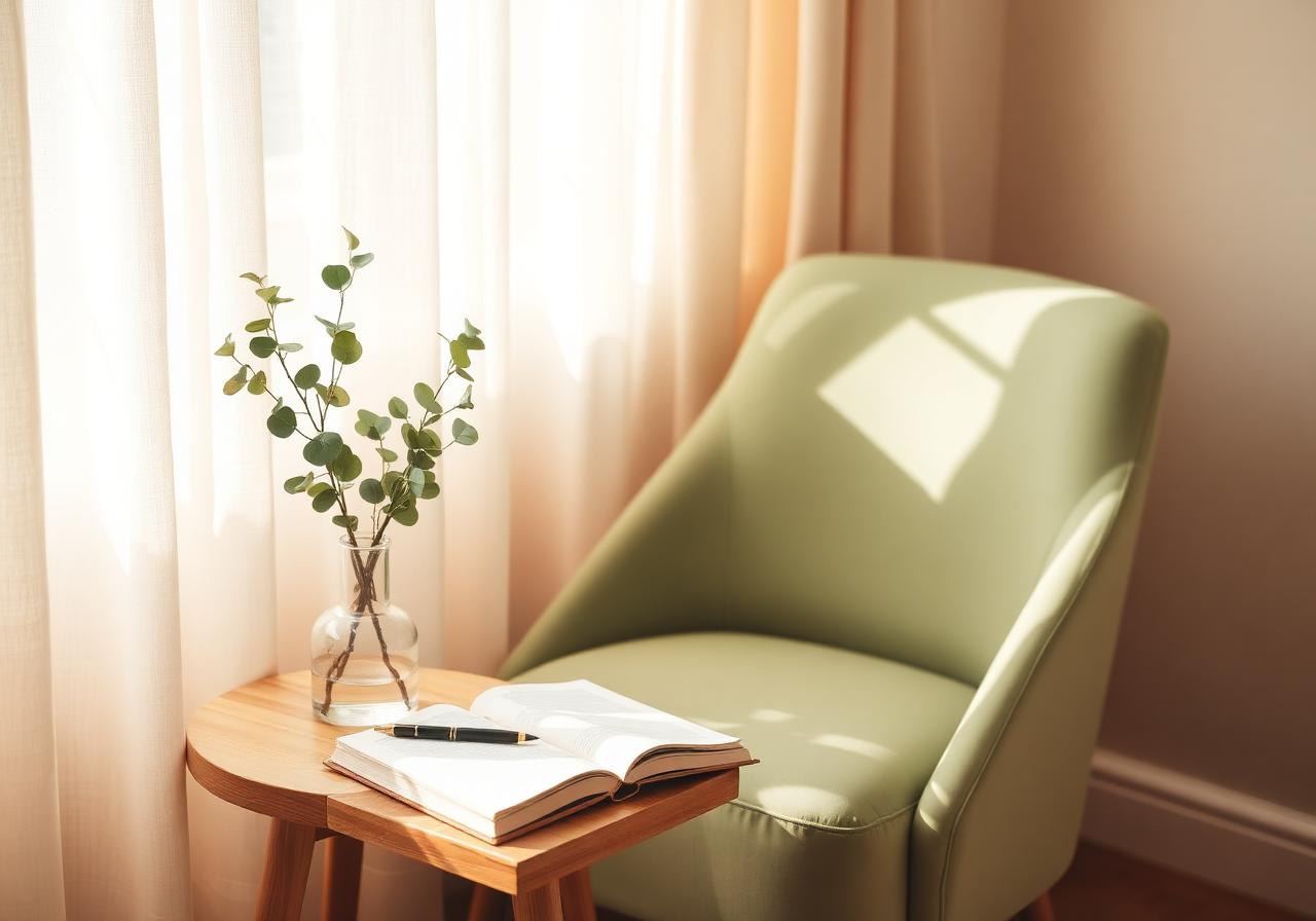 A quiet sunlit corner with a sage armchair, journal, and eucalyptus