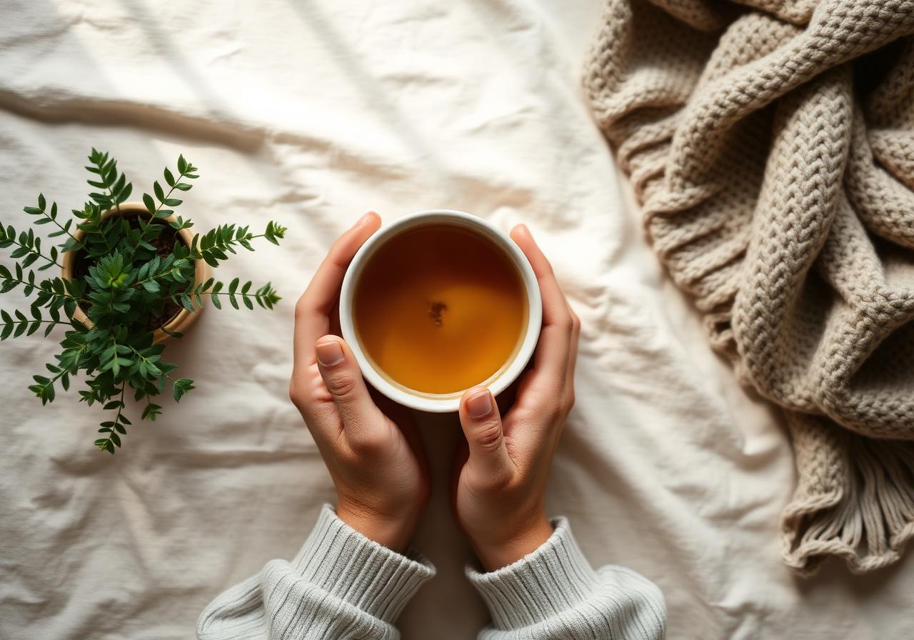 Hands holding a warm cup of tea — a moment of calm