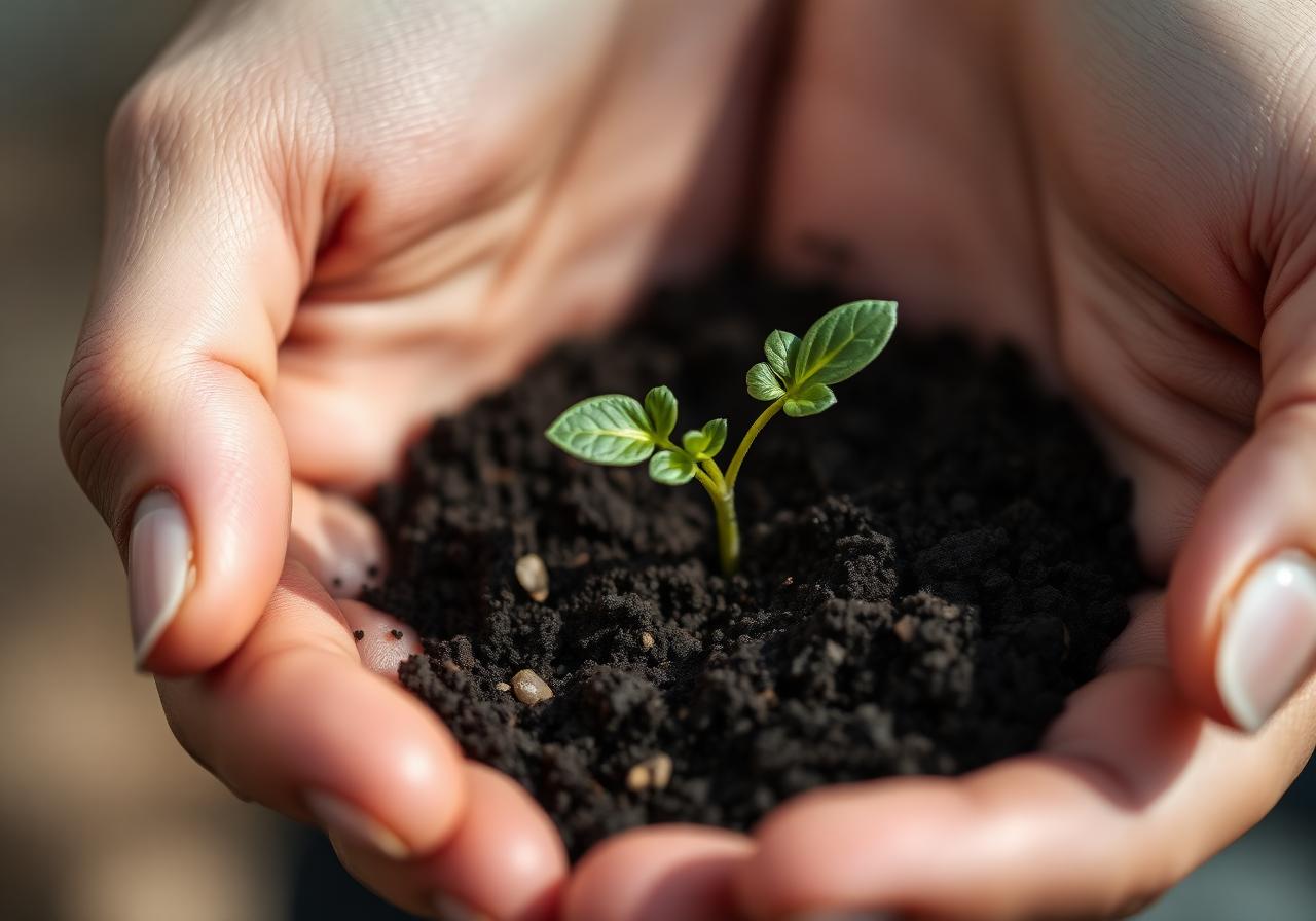 A small green sprout growing in cupped hands — symbol of growth and healing