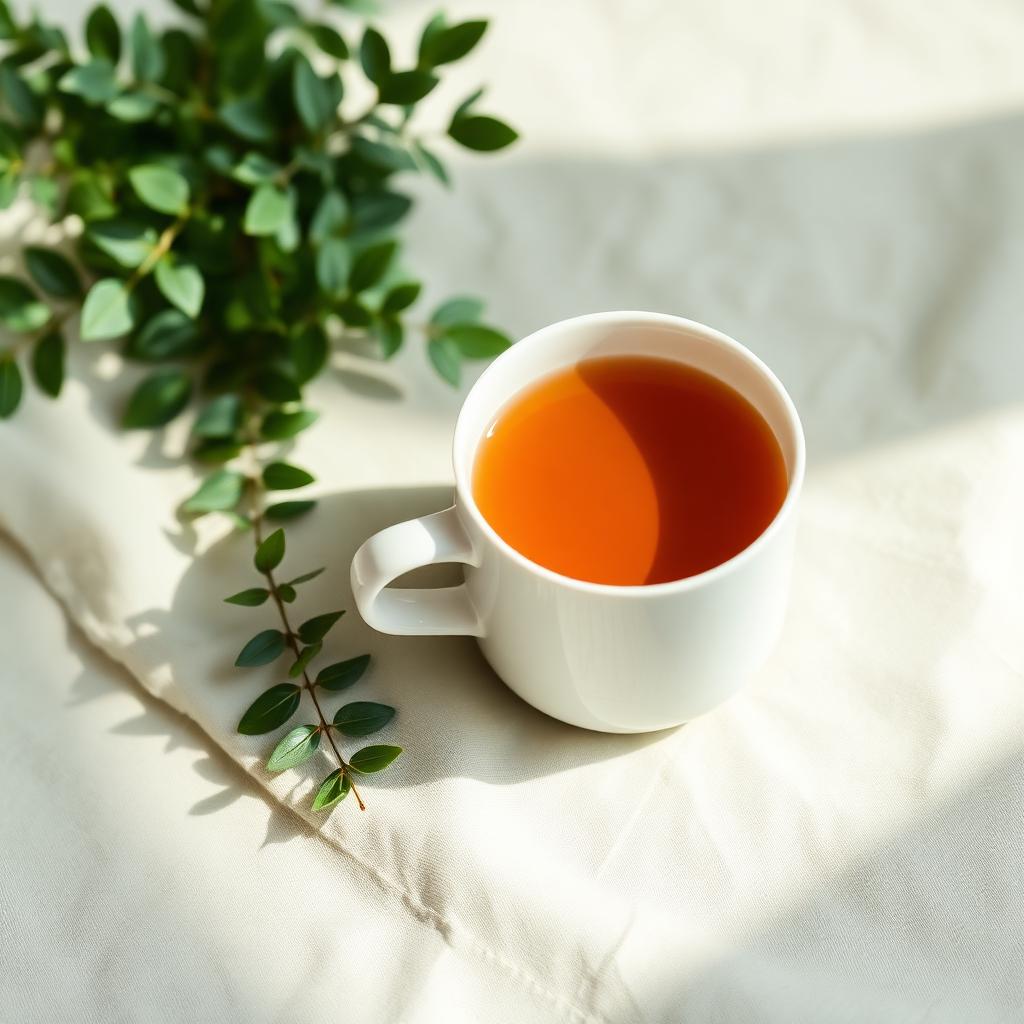 Warm cup of tea beside a small plant on linen