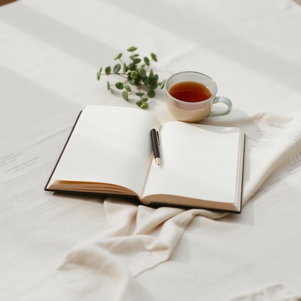 Calm desk with notebook, tea, and a small plant