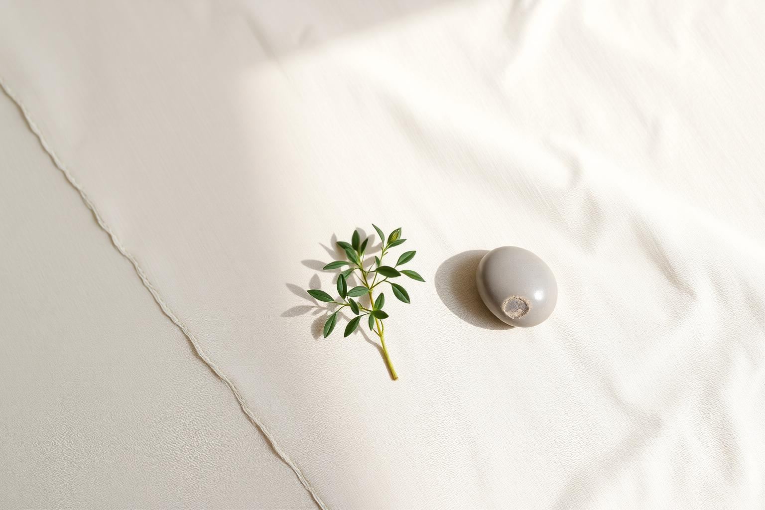 Sprig of leaves and a smooth stone on linen