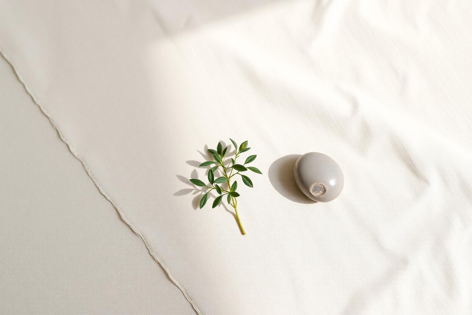 Sprig of leaves and a smooth stone on linen