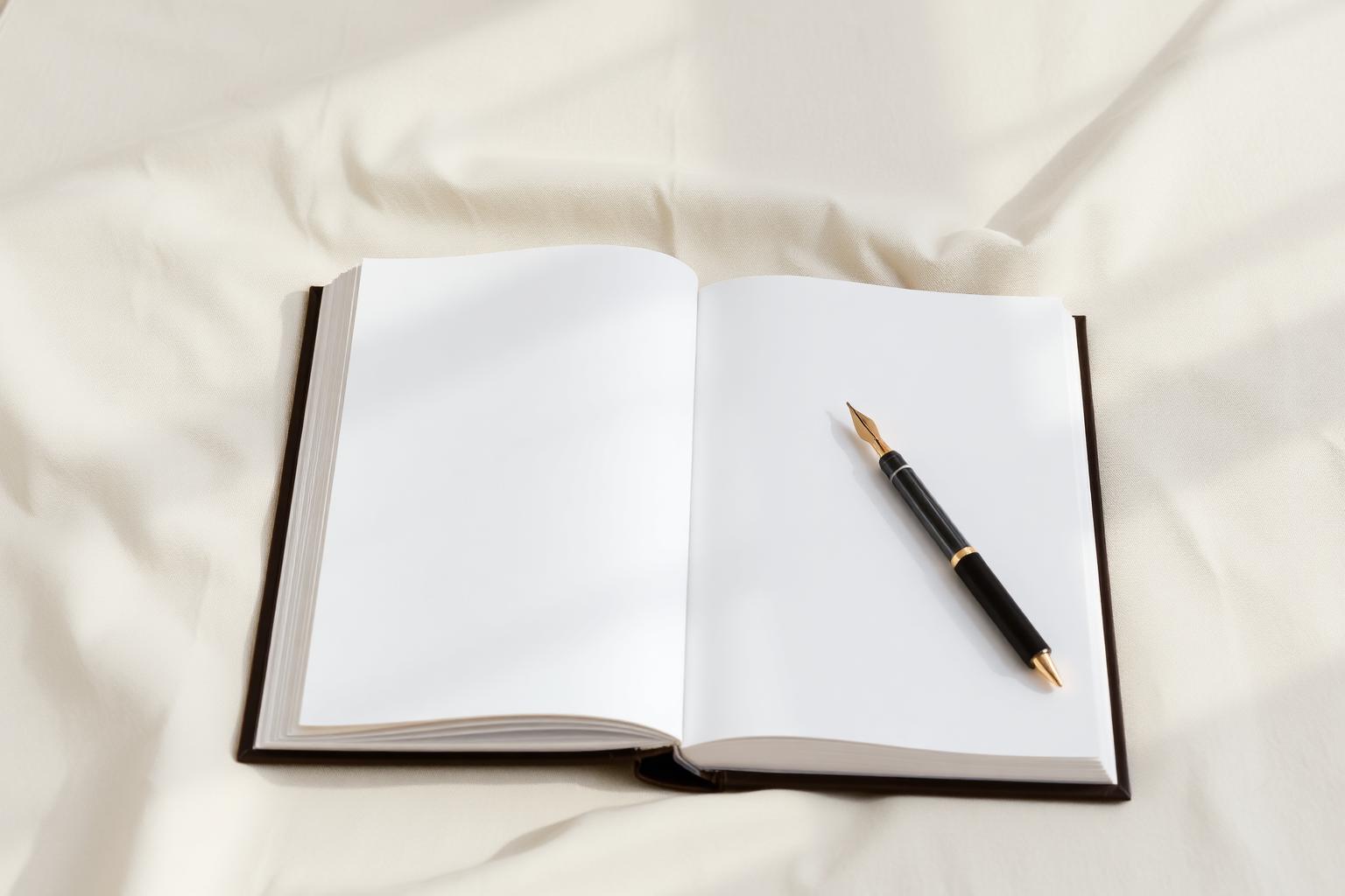 Open journal and fountain pen on linen