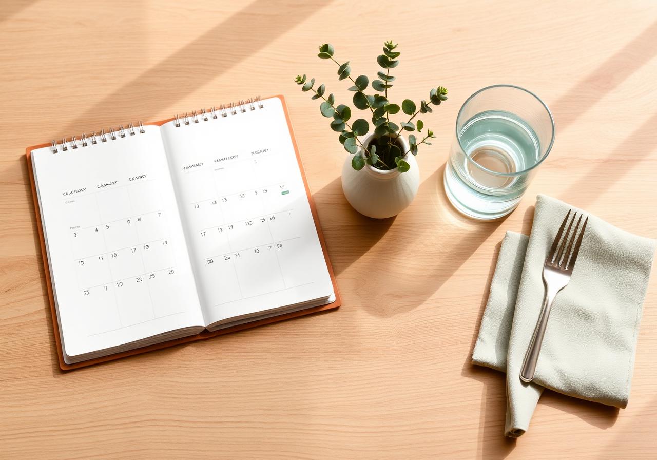 A planner, glass of water, and small eucalyptus on a sunlit desk