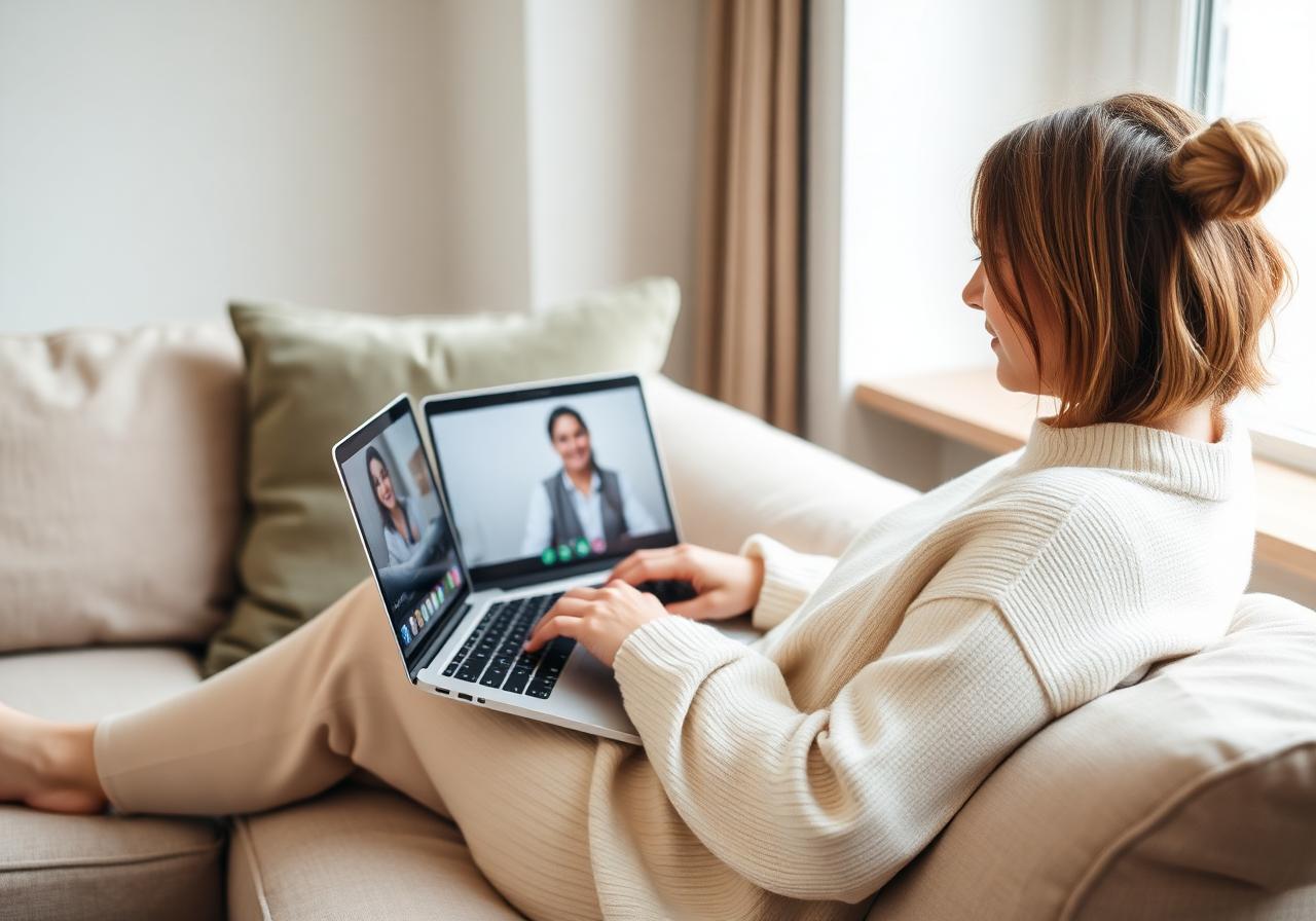 A patient in a comfortable home setting attending a telehealth session