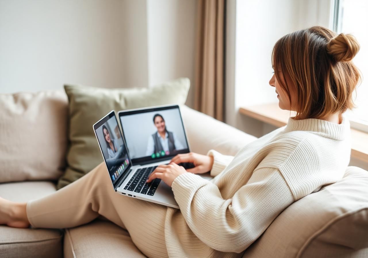 A patient in a comfortable home setting attending a telehealth session